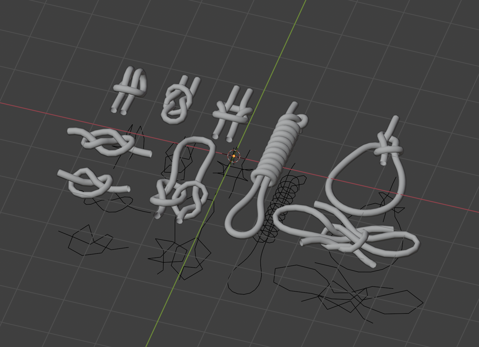3D knot models built from the wireframe drawings