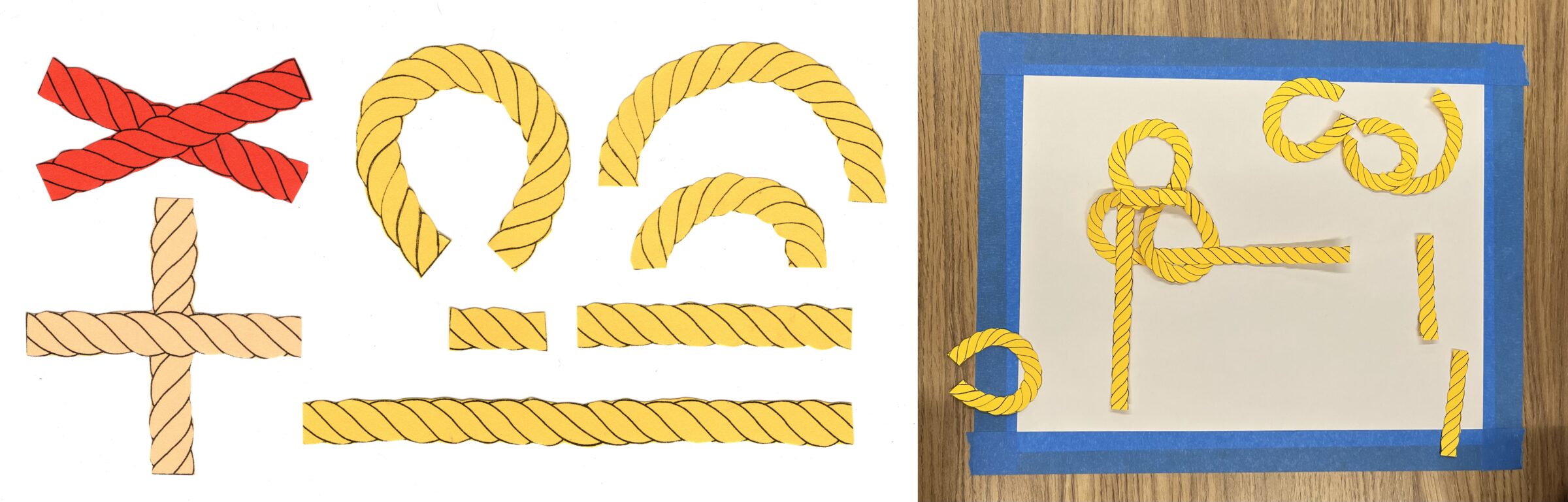 Paper knot pieces cut from multicolored craft paper