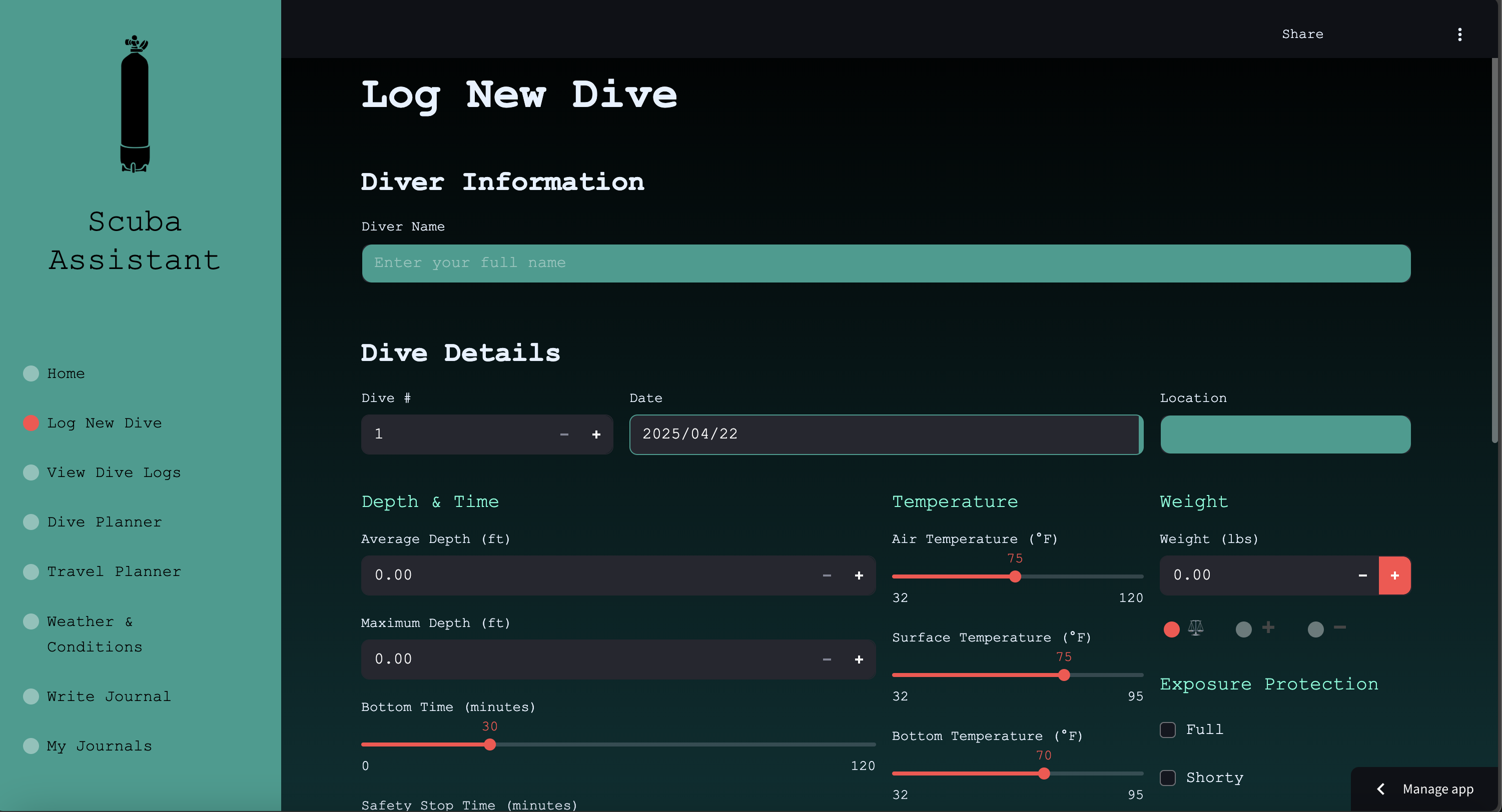 Scuba Dive Calculator Preview